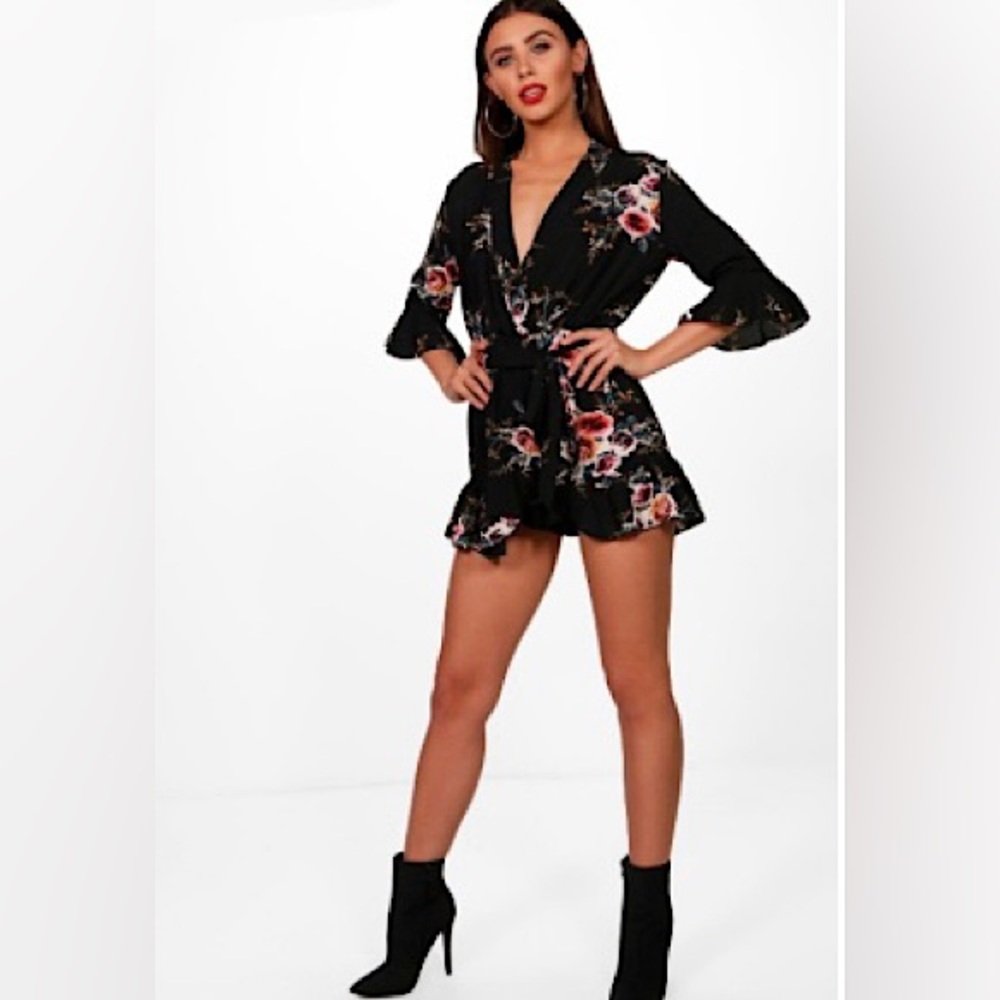 Black Wrap Floral Ruffle Sleeve Playsuit/Romper